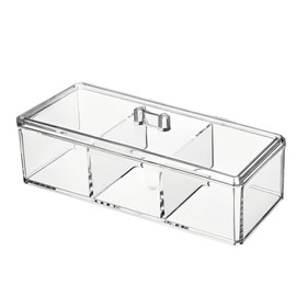 Elitecran Split Storage Box with Lid, Acrylic Bedroom Dressing Table Organiser, Cotton Buds Container, 3 Compartments Cotton Pad Dispenser for Dresser, Washbasin, Bathroom, Kitchen