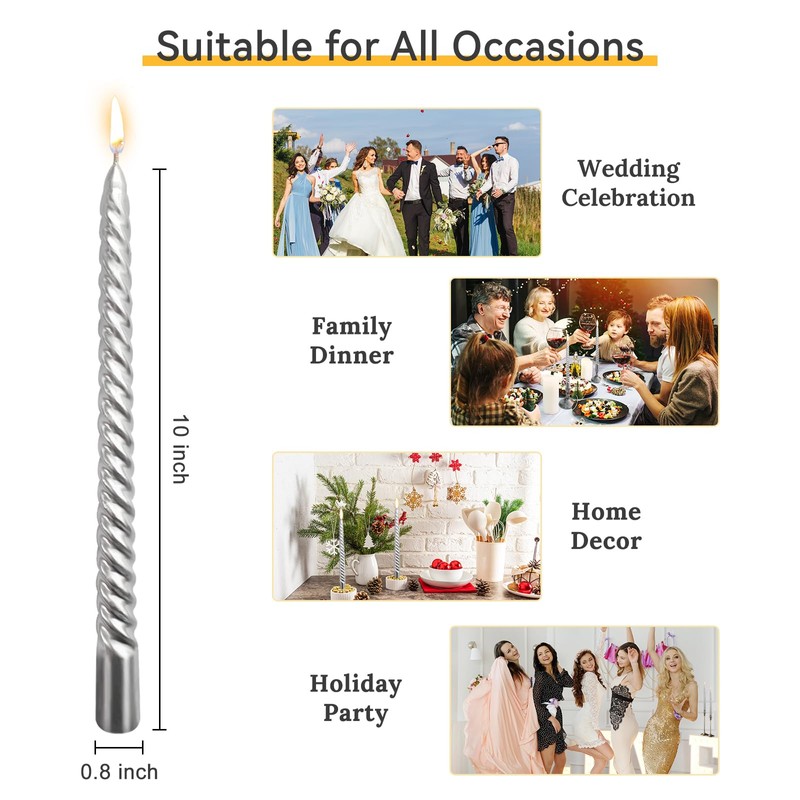 10 Inch Silver Spiral Taper Candles Set for Holiday Decor,