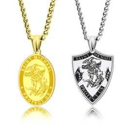 LAOYOU Archangel Michael Necklace Stainless Steel Saint Michael Necklace Medal for Men Women Protection Amulet St. Michael Pendant Blessed Catholic medallion Jewelry Gifts Gold Oval Silver Shield