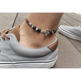 Anklet for Men with Whale Tail Charms and Black Lava Beads, Summer Ankle Bracelet