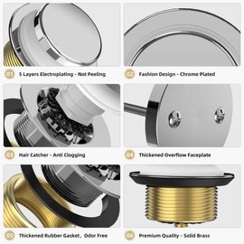 Sogmeter Chrome Plated Tub Drain Kit with Hair Catcher, Premium Brass Tip-Toe Bathroom Tub Drain Replacement and 2-Hole Overflow Faceplate, 11.5/16 UNC Bathtub Drain Stopper Assembly