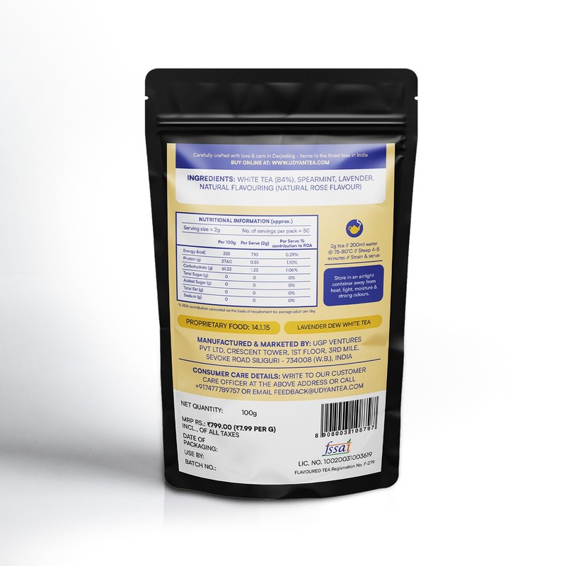 Udyan Tea Lavender Dew White Tea - 100g | Soothing
