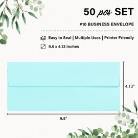 50 Pack #10 Business Envelopes, Self Seal Standard Light Blue Envelopes for Secure Business & Legal Mailing, Office, Checks, Letter, Invoices, 4 1/8 x 9 1/2 Inches
