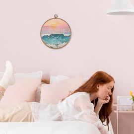 Voxitura Pink Blue Sea Coastal Wall Art Round Framed, Preppy Ocean Surf Wall Decor Canvas Hanging Beachy Girly Room, Summer Beach Paintings Prints Artwork Decorations for Bedroom Dorm 10x10in