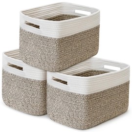 3 Pack Shelf Woven Storage Basket, Closet Rope Baskets For Organizing, 15 x 10 x 9” Square Bins with Handles, White+Rice Brown
