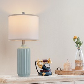 Liyicha Lamp for Living Room Bedroom Lamps Farmhouse Table Lamps Set of 2 Vertical Stripe Ceramic Table Lamp,Linen Shade with Bulb, 25 in High,Light Blue