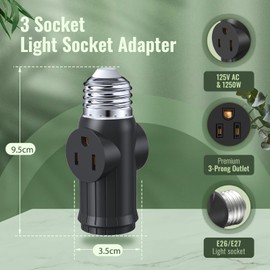 (2 Packs) Light Socket Outlet Adapter, 3-in-1 Light Socket to Plug Adapter for Expanding 3&2 Prong Sockets, E26 E27 Light Bulb Outlet Socket Adapter, Safety Performance & Professional Material