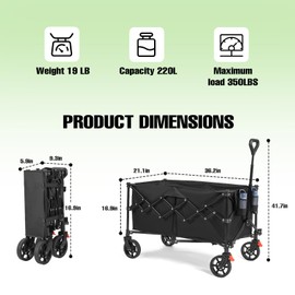 GOTRUTH Collapsible Wagon Cart Foldable, 220L Folding Wagon Cart with All-Terrain Wheels, Outdoor Utility Carts with 350lbs Weight Capacity for Grocery Beach Camping Shopping, Black