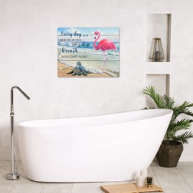 LB Tropical Ocean Wall Art Pink Flamingo Sea Turtle Coastal Beach Framed Canvas Wall Art for Living Room Inspirational Farmhouse Wood Prints Pictures for Bathroom Bedroom Dorm Wall Decor,16x12 inches