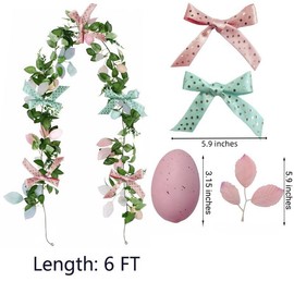 Easter Garland, 6 FT Artificial Green Leaf Vine with Pink and Mint Bows, Decorative Eggs, Spring Home Decor