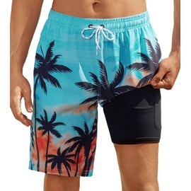 YGDSX - Traje de baño para hombre con forro de compresión de 9 pulgadas, pantalones cortos de natación de secado rápido, pantalones cortos deportivos hawaianos, Azul (Blue Tree), XX-Large