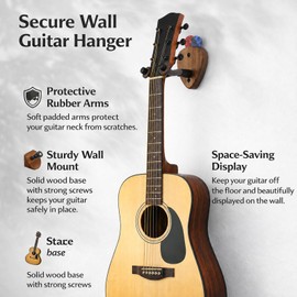Tapsawp 2 Pack Walnut Guitar Wall Mount Hangers & String Swing Hanger wtih Pick Holder, Black Wooden Guitar Holder Hook Stand, Universal Fit for Acoustic Electric Bass, Ukulele Banjo