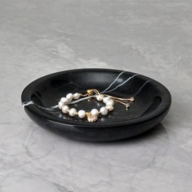 ZSHAWN Natural Black Marquina Marble Ring Dish Jewelry Tray – 5.5" Trinket Dish for Rings Earrings Necklace, Scratch-Resistant Vanity Organizer, Elegant Gift for Women