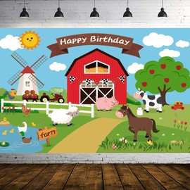 5x3ft Farm Birthday Decorations Cartoon Animal Born Backdrop Red House Windmill Zoo Cute Pig Dairy Cow Animal Background Kids Baby Shower Party Banner Deco