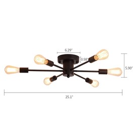 UOFUS 6 Lights Ceiling Light Fixtures Modern Edison Chandelier Industrial Semi Flush Mount Close to Ceiling Light for Study Dining Room Kitchen Bedroom Living Room Farmhouse Black Matte