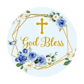 UPLEY Blue and Gold Elegant Floral Cross Stickers God Bless Sticker Labels for Religious Baptism, Confirmation, Christening, First Communion - 2 Inch - 50 Count