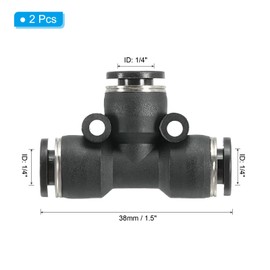 PATIKIL 1/4 inch OD Tee Plastic Push to Connect Fittings, 2 Pack T Shaped 3 Ways Tube Connect Push Fit Push Lock PE-1/4 for Air Water RO System, Black