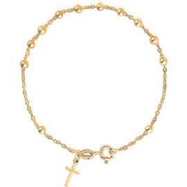 Savlano 925 Sterling Silver Italian Rosary Solid Bead Chain Cross Pendant - 18K Gold Plated 7 Inches Bracelet Comes With Gift Box for Women - Made in Italy (7, 4mm)