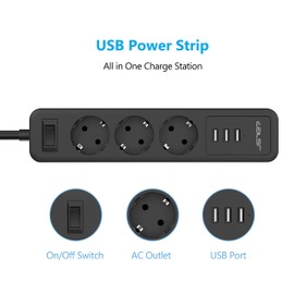 JSVER Steckdosenleiste USB,Steckdosenadapter 3 Fach mit 3 USB Ladeanschlüsse Mehrfachsteckdose Wandmontage (3680W) mit 2M Kabel für Smartphones Tablets -Schwarz