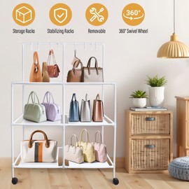 GIASSVIO Floor-Standing 3-Tier Purse Organizer with 8 Purse Hooks, Movable Purse Rack with 6 Wheels, High-Capacity Purse Holder Storage Bag Organizer for Closet, Bedroom, Living Room, White