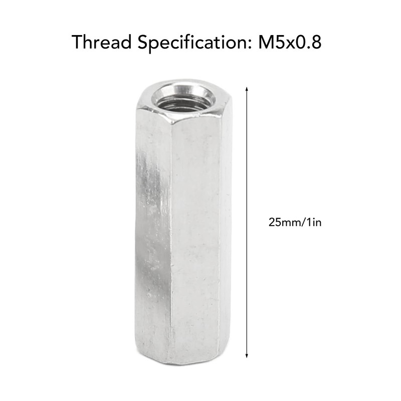 20 Pcs Hex Coupling Nut M5x0.8 25mm Length Stainless Steel