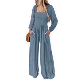 Happy Sailed Women's Jumpsuits, Rompers & Overalls High Waisted Long Sleeve Wide Leg One Piece Jumpsuit Long Pants Rompers with Pockets Comfy Lounge Wear for Women 2025 Dusk Blue Medium