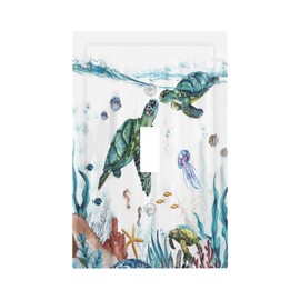 1 Gang Light Switch Cover Sea Turtles Teal Blue Ocean Single Toggle Wall Plates Tropical Starfish Coral Switchplate Covers Decorative Dimmer for Bedroom Kidroom Kitchen Decor