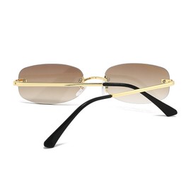 YAMEIZE Retro Oval Sunglasses for Women - Men Vintage Gold Rimless Sunglasses Small 90S Fashion Sun Glasses Metal Frame (Gold Brown)