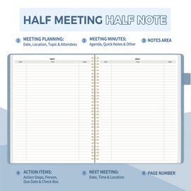 SUNEE Half Meeting Half Note - 8.5"x11" Professional Notebooks for Work - 160 Pages, A4 Size Project Planner, Spiral Meeting Agenda Organizer for Women Men, Note Taking,Office with Vegan Leather Cover