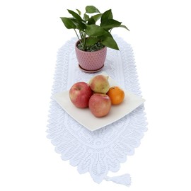 KYEYGWO Hollow Lace Table Runners Elegant Mesh Tablecloth Vintage Macrame Table Cover with Tassels for Rustic Boho Wedding Reception Decoration Bridal Showers, 35'' x 13'' White