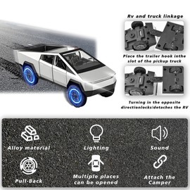 Miortior Truck Toy, Car Toy with RV, Motorcycle Cybertquad and Truck, 1/32 Alloy Diecast Pickup Trailer Model Kit with Light and Sound, for Kids Aged 6 and Up - Silver White