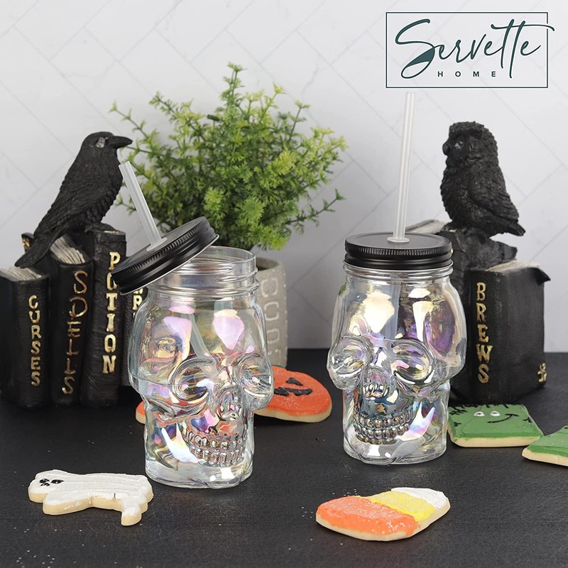 Servette Home 4 Pack Iridescent Skull Shaped Mason Jar with
