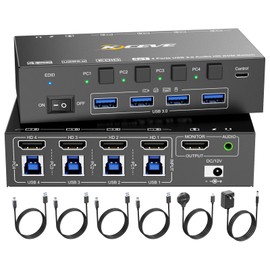 HDMI KVM Switch 4 Computers 8K@60Hz 4K@144Hz, Simulation EDID, Camgeet 4 Port USB3.0 KVM Switch with Audio for 4 Computer Share 1 Monitor and Keyboard Mouse Headset,Wired Remote,Power Adapter Included