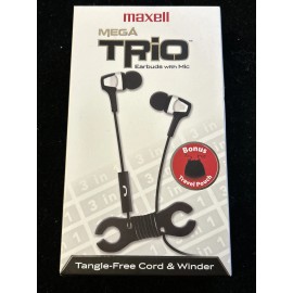 Maxell Mega Trio Black Earbuds with Mic Tangle Free Cord Winder & Carrying Pouch