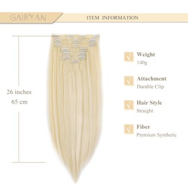 Gairyan 26inch Straight Clip in Hair Extensions Long Full Head Hair Extension 8PCS Synthetic Hairpiece Natural Soft for Women (Bleach Blonde)