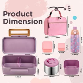 MAISON HUIS Bento Box for Kids with 8oz Soup Thermo, Insulated Lunch Bag & 17oz Water Bottle, 2-Compartment Bento Box with Built-In Ice Pack, Leak-Proof & BPA-Free