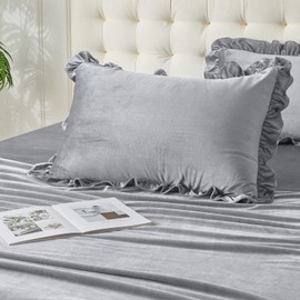 kisswish Plush Velvet Sheet Set - Full Size 4-Piece - Ruffled Edge Design, 16 Inch Deep Pocket, Anti-Pilling & Fade Resistant - 220 GSM Breathable Luxury All-Season Bedding, Grey