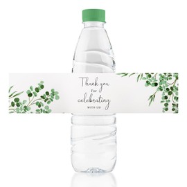 URROMA Wedding Water Bottle Labels Thank You, 100 Pcs Greenery Water Bottle Wraps Eucalyptus Leaf Wraparound Labels Water Bottle Stickers for Birthday Bride Shower