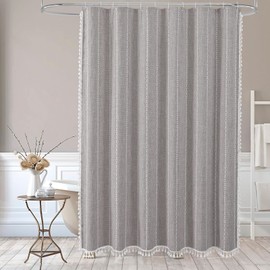 MitoVilla Boho Extra Long Shower Curtain 72 x 84, 84 inch XL Cotton Linen Tassel Fabric Shower Curtains for Vintage Country Farmhouse Bathroom Decor, Thick & Wrinkle Resistant, Brown Grey