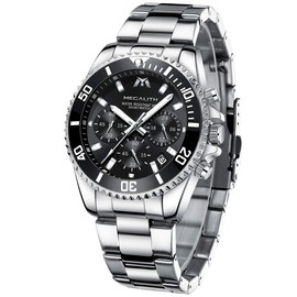 MEGALITH Mens Watches Chronograph Stainless Steel Watches for Men Waterproof Designer Silver Mens Wrist Watches Dress Analogue Luminous Date Black Face