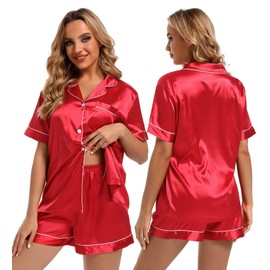 Finvizo Womens Silk Satin Pyjamas Set: Ladies Pajamas Short Sleeve Bride Pj Set Two-piece Sleepwear Silky Button-down Nightwear Soft Loungewear Sets, Red XL