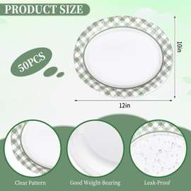 FYSUIMU 50 Pcs Sage Green Gingham Oval Paper Plates Pastel Checkered Disposable Plates 12 x 10 Inch Plaid Tableware Plates for Wedding Birthday Party Supplies
