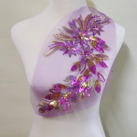 1Pcs DIY Lace Sequins Embroidered Patches for Clothes Peacock Applique Embroidery Wedding Dress Sewing Trim Garment Decor (Lilac Colour)