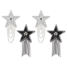 PATIKIL Star Rhinestone Patches Set, 4 Pcs Star Shape Iron on Applique Patches Rhinestone Applique Glitter Crystal Patches with Arc Tassel/Straight Tassel for Shoes, Silver Tone/Black