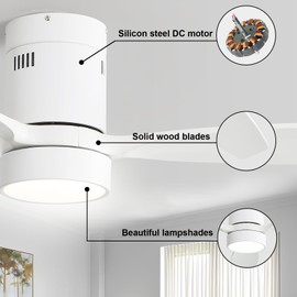 Sofucor 52 Inch Low Profile Ceiling Fan with Lights Remote Control Wood Blades Reversible DC Motor Modern Ceiling Fan for Kitchen, Bedroom, Basement, Dining, Living Room(white)