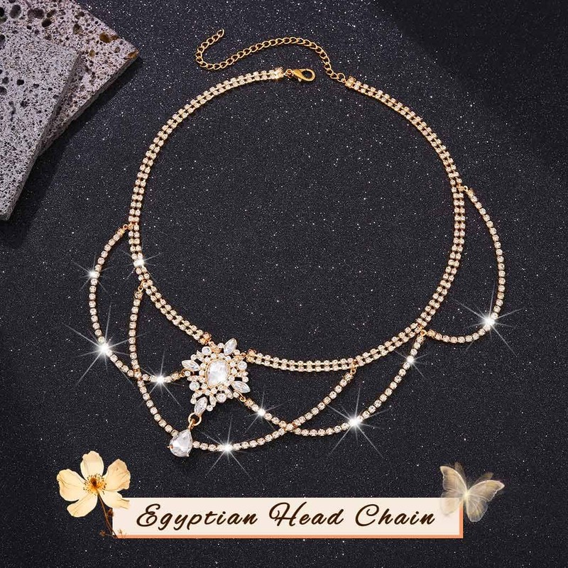 Sixexey Boho Egyptian Head Chain Gold Rhinestone Headpiece for Women