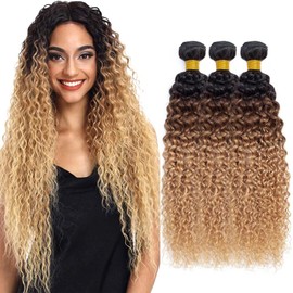 T1B/4/27 Bundle Dark Brown Kinky Curly Human Hair Bundles Three Tone Brown Mixed With Honey Blonde Bundles Human Hair 12 14 16 Inch Ombre Kinky Curly Bundle Hair Weave
