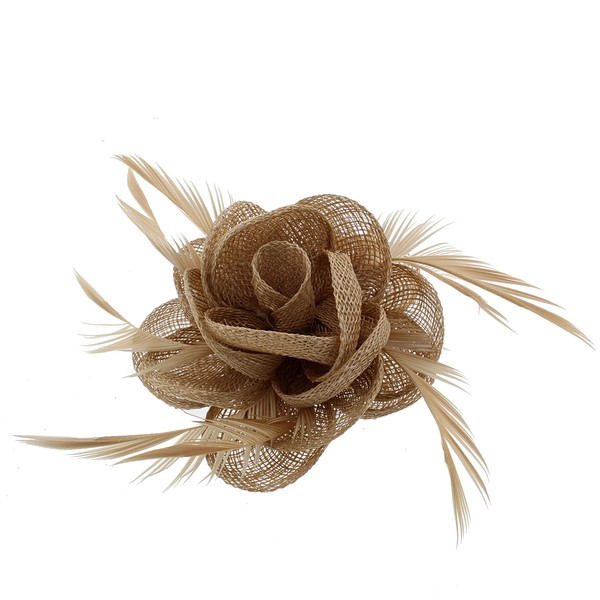Zac's Alter Ego Caramel Rose Net Fascinator with Feathers on