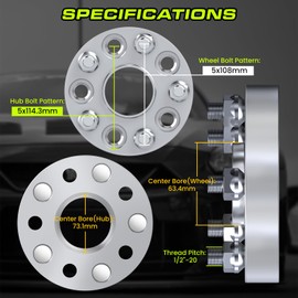 Customadeonly 5x4.5 to 5x4.25 Wheel Adapters 1.25 Inch (32mm) – Converts 5x114.3 Hub to 5x108 Wheels – 73.1 to 63.4mm Bore, 1/2"-20 Studs – 5x114.3 to 5x108 Adapter (2pcs)