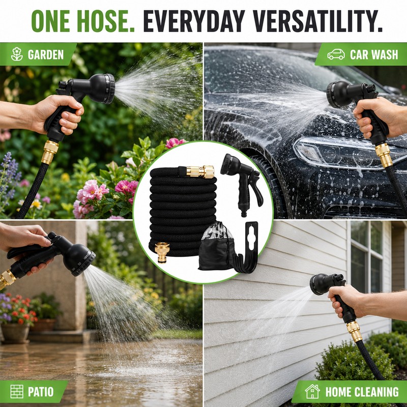 Expandable Garden Hose Kit with 8-Pattern Spray Gun, Metal Connectors,